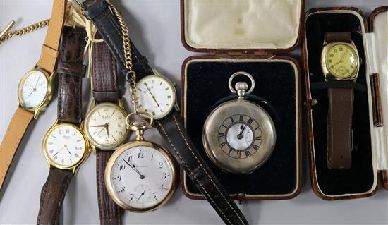 A gentlemans gold wrist watch, a gold plated pocket watch, a JW Benson silver pocket watch and four other wrist watches.